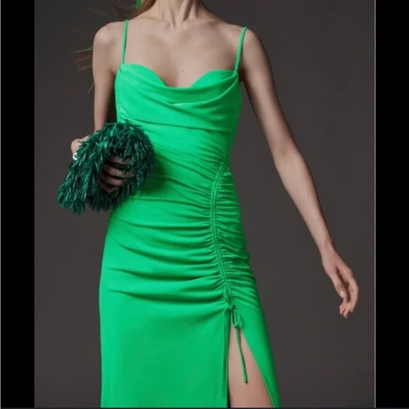 Zara | Dresses | Zara Xs Green Midi Dress With Draped Detail Ruched Tie  Slit | Poshmark